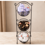 Three wire baskets filled with plush teddy bears on a metal stand