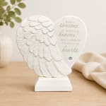 White angel wing heart memorial plaque on a small base