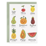 Illustrated baby milestone card with fruit icons and month labels