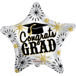 Star-shaped silver balloon with black and gold Congrats Grad text and graduation cap graphic