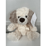 Plush teddy bear with cream and taupe fur and a satin ribbon