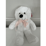 White plush teddy bear with a pale pink ribbon bow