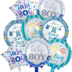 Cluster of blue and white baby boy balloons with assorted shapes and text