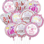 Cluster of pink and white baby girl balloons with printed text