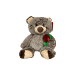 Plush teddy bear holding a red rose