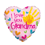Pink heart-shaped balloon reading "I Love you Grandma" with colorful handprints