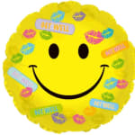 Yellow smiley-face get well balloon with colorful lip prints