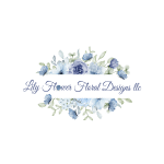 Floral gift card design with blue and white flowers framing cursive text on a green background
