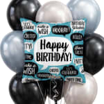 Birthday balloon bouquet with a Happy Birthday pillow balloon and metallic balloons