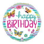 Round birthday balloon with butterflies and colorful stripes
