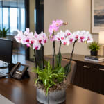 Pink and white orchids arranged in a ribbed metal pot