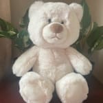 White plush teddy bear sitting in front of leafy plants
