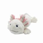 Plush white and pink stuffed animal with a smiling face