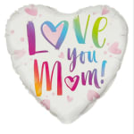 Heart-shaped balloon with "Love you Mom" text and pink hearts