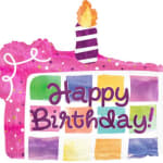 Pink birthday balloon shaped like a cake with "Happy Birthday!" text