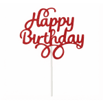 Red glitter "Happy Birthday" cake topper on a white stick