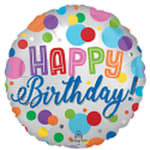 Round birthday balloon with colorful polka dots and "Happy Birthday" text