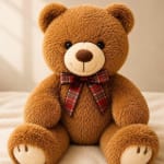 Brown teddy bear with a plaid bow sitting on a soft surface.