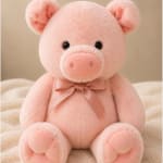 Pink plush pig with a ribbon bow sitting on a blanket
