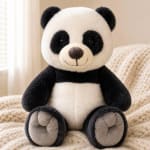 Plush panda bear sitting on a knitted blanket