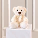 Cream teddy bear with a ribbon sitting on a white pedestal