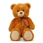 Brown teddy bear with a ribbon bow on a white background