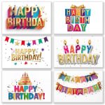 Birthday greeting card designs with colorful gold-lettered text and confetti.