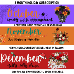 Holiday subscription ad with Halloween, Thanksgiving, and Christmas floral arrangements