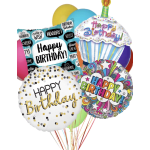 Birthday balloons with colorful printed messages and confetti designs