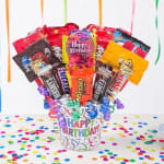 Birthday candy bouquet in a decorated paper pot