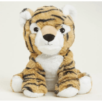 Plush tiger stuffed animal sitting against a plain background