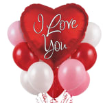 Heart-shaped red balloon with "I Love You" text, surrounded by pink, white, and red balloons