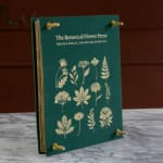 Green botanical flower press with gold screws on a marble surface
