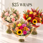 Three wrapped bouquets with pastel, bright, and mixed flowers
