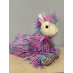 Plush unicorn toy with long pink, purple, and blue fur