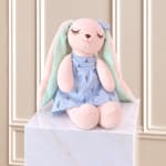 Plush bunny doll in a blue dress sitting on a marble-patterned box