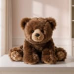 Brown teddy bear sitting on a white surface