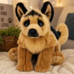 Plush dog toy sitting on a blanket with a basket and sign in the background