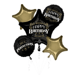 Cluster of black and gold birthday balloons with star shapes