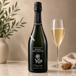 Champagne bottle beside a filled flute glass on a tabletop