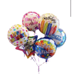 Cluster of colorful birthday balloons with printed messages