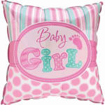 Pink and teal baby girl balloon pillow with striped and polka-dot patterns