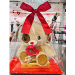 Teddy bear gift wrapped in clear plastic with a red bow