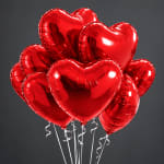 Cluster of red heart-shaped balloons with curling ribbons