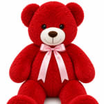 Red teddy bear with a pink ribbon bow on a white background
