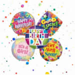 Four colorful balloons with birthday and celebration messages