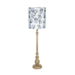 Tall floor lamp with a blue floral shade and gold base