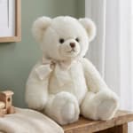 Cream teddy bear with a ribbon bow sitting on a wooden bench
