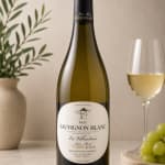 Bottle of white wine beside a glass and grapes
