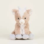 Plush stuffed animal with tan and white fur sitting against a plain background